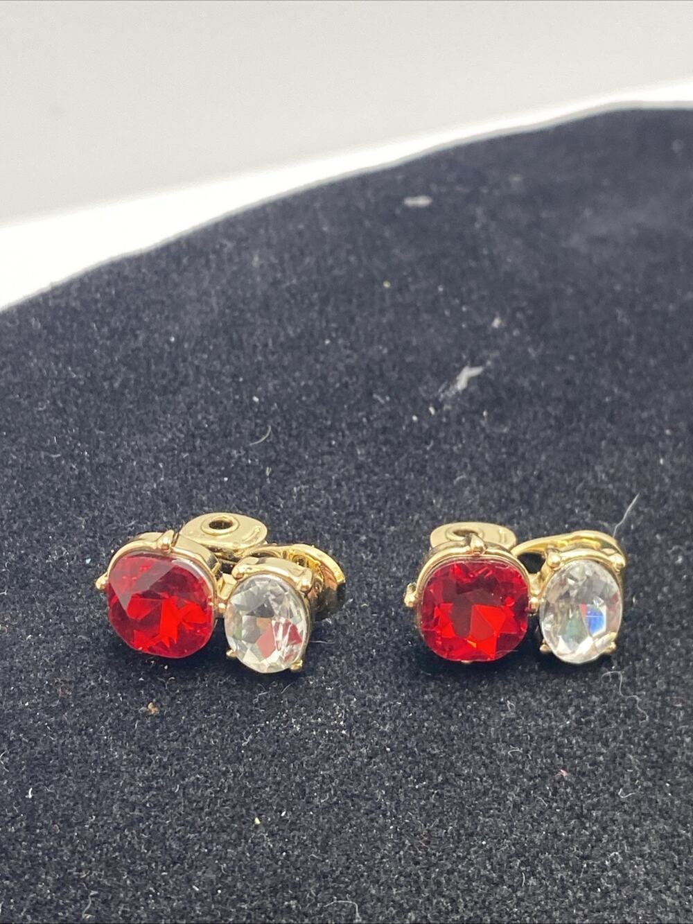 Womens Red Clear Gem Clip Earrings Gold Tone